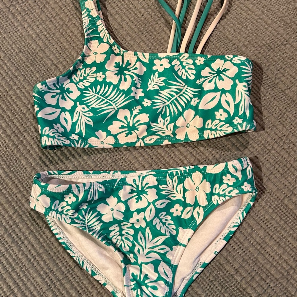 wonder nation Teal and White Floral Girls Two-Piece Bikini